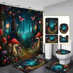 4 Pcs Fantasy Mushrooms Bathroom Curtain Sets with 12 Hooks,Forest & Butterfly Bathroom Decor Sets - Bathroom Shower Curtain,Toilet Lid Cover,Non-Slip Bathroom Rugs and U Shape Bath Mat,Modern Simple Waterproof Fabric Bathroom Decoration Set