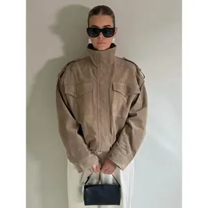 Winter Khaki Suede Leather Women's Jacket Fashion Stand Collar Zippers Pockets Women Coat 2025 Autumn New Female Vintage Outwear Tops Womenswear