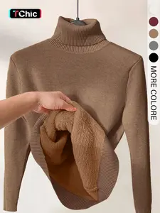 Women's Solid Thermal Lined Drop Shoulder High Neck Sweater, Casual Solid Long Sleeve Jumper For Daily Outdoor Wear, Women Knit Top for Fall & Winter