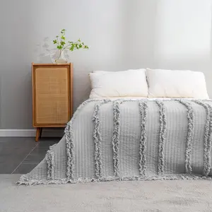 Ultra Pre-Washed Quilted Boho Grey King Size Blankets for, Ruffle Fringed Decorative Throw, Washed Rustic for Sofa Couch, 104"*90"