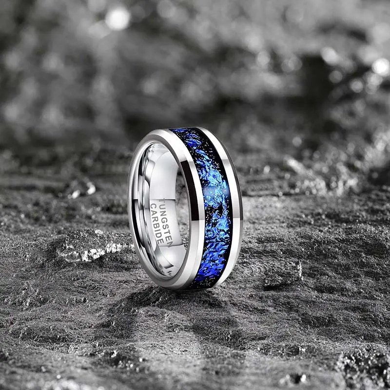 Men's 8mm Tungsten Ring with Durable Blue Galaxy Opal Inlay, Comfort Fit Wedding Band, Scratchproof Anniversary Birthday Gift