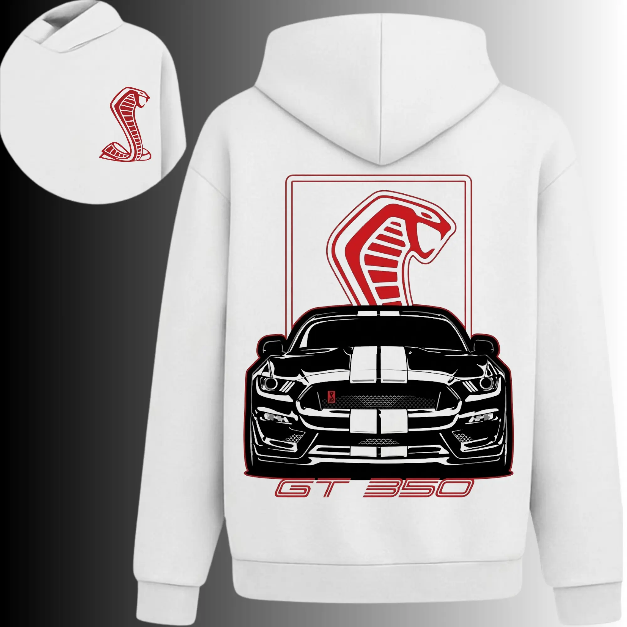 GT 350 Mustang Shelby Cobra Hoodie, 2 Sides, American Muscle Racing Auto Graphic Pullover