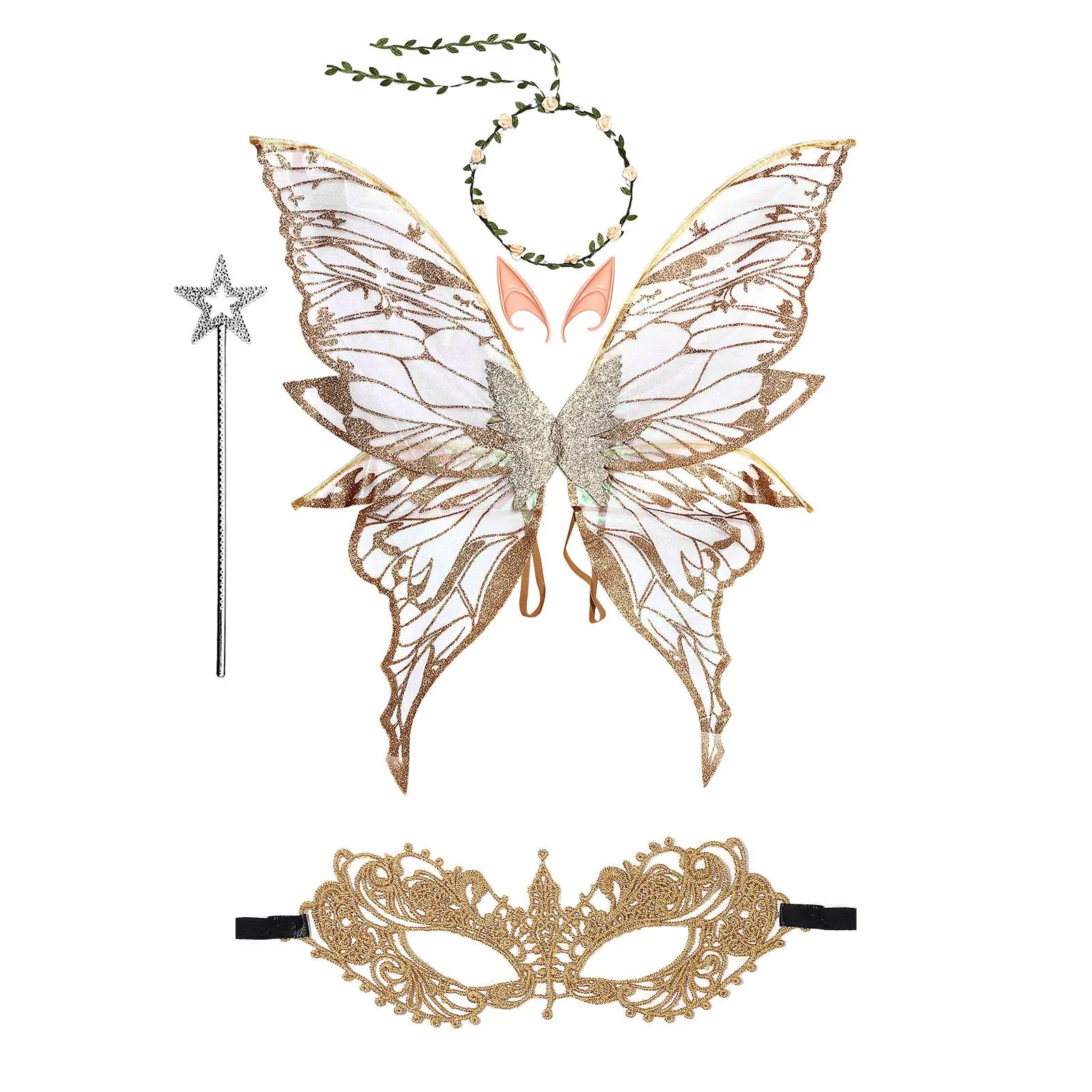 OIDEA 5-Piece Fairy Angel Wings Costume Set with Butterfly Wings, Flower Garland, Elf Ears, Magic Wand and Venetian Lace Mask in Champagne Gold