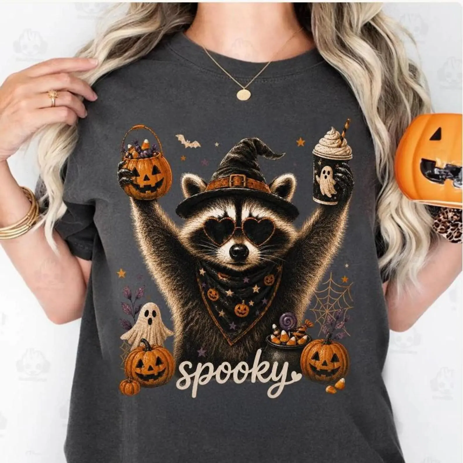 Comfort Colors Spooky Raccoon T-Shirt - Cute Witch Raccoon With Heart Sunglasses Pumpkin Bandana Candy Bucket And Ghost Coffee Graphic , Halloween Shirt For Women , Fall Festival Outfits , Spooky Season Shirt , Halloween Party Gift For Raccoon Lovers