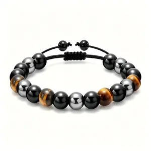 Men's Matte Hematite Obsidian & Tiger Eye Stone Weaving Bracelet, Vintage Black, Ideal 18th Birthday Gift