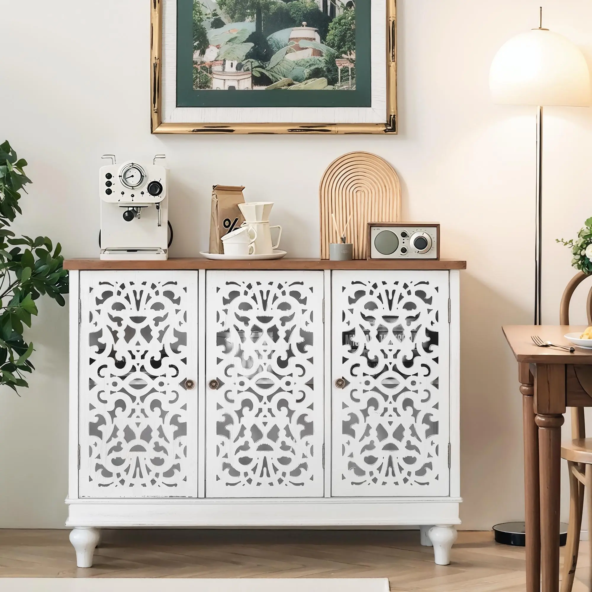 PHIVILLA Accent Cabinet with Doors - Buffet Sideboard Distressed Cupboard for Living Room/Dining Room/Hallway, Blue Storage Cabinet