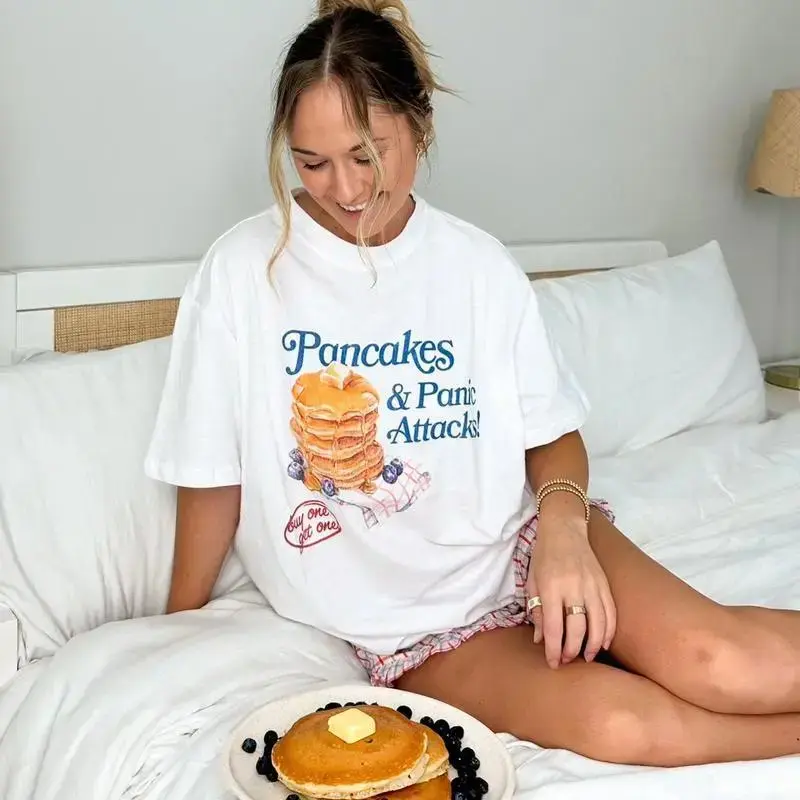 Women's Oversized Casual T-Shirt - Pancake Themed Humor Print, Short Sleeve Loose-Fit Casual Wear, Cozy Breakfast Quote Graphic Top, Unique Gift Apparel
