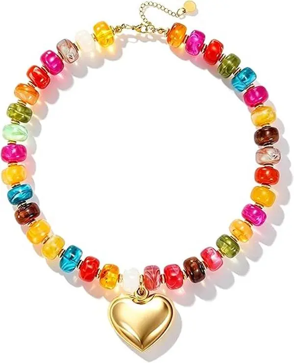 Women's Elegant Chunky Beaded Golden Adjustable Choker Necklace - Female Costume Jewelry with Multi-Colored Resin Beads, Fluffy Plastic Acrylic Details - Personalized Meaningful Valentines Day Gift, Chunky Beaded Necklaces