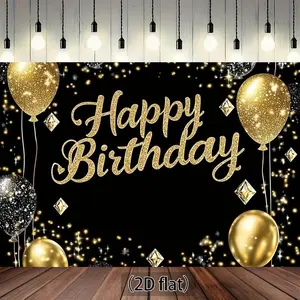 1pc 2D Flat Deluxe Black & Golden Happy Birthday Banner with Diamond Balloons & Sparkles Elegant Polyester Photography Backdrop for Indoor/Outdoor Parties Weddings and Celebrations Multiple Feet Birthday Party Decorati Ornaments