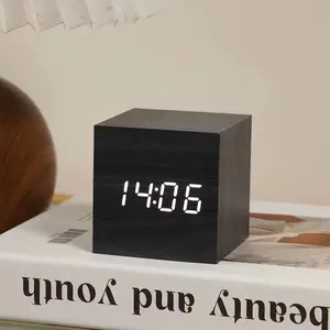 Wooden Digital Alarm Clock, 2.5 Inch Mini Cubic LED Display Desk Clock with 3 Alarms, Small Electric Wood Clock for Bedroom, Bedside, Office & Desk