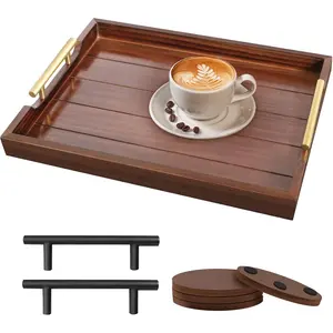 Coffee Table Tray - Large Ottoman Trays for Living Rooms -  Serving Tray with Handles(2 Sets) - Wooden Tray for Coffee Table, 4 Round Coasters Included, Dark Brown