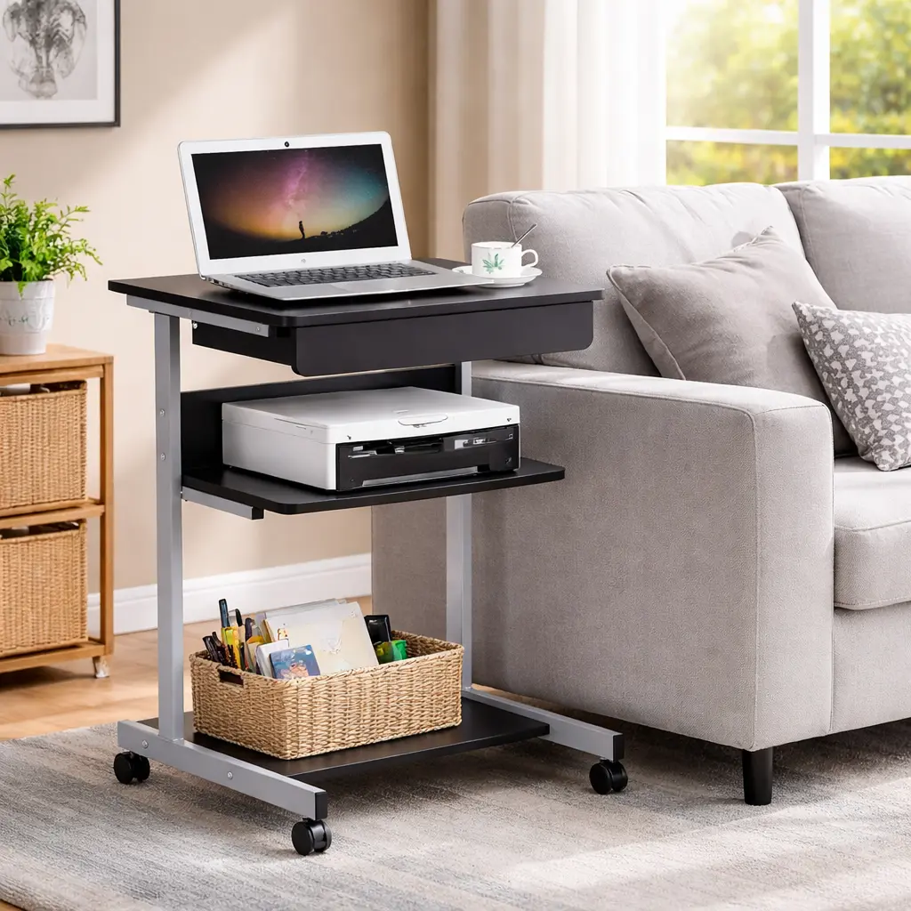 Yaheetech Small Portable Standing Rolling Laptop Desk - Wood Workstation with Drawer, Printer Shelf, Mobile Home Office Writing Table for Small Spaces, Portable Desk, Standing Rolling Desk