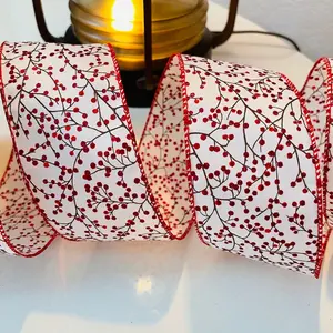 2.5” Christmas Holly Berry Sparkle Red & White Wired Ribbon 3 Yards