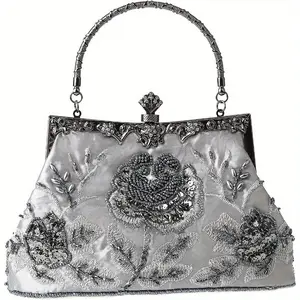 Elegant Women'S Vintage Floral Beaded Rhinestone Embroidery Clutch Purse - Sequin Crossbody Bag with Floral Pattern, Perfect for Weddings, Bridal Showers & Party Proms, Wedding Accessory | Floral Embroidery | Sequin Embellishments