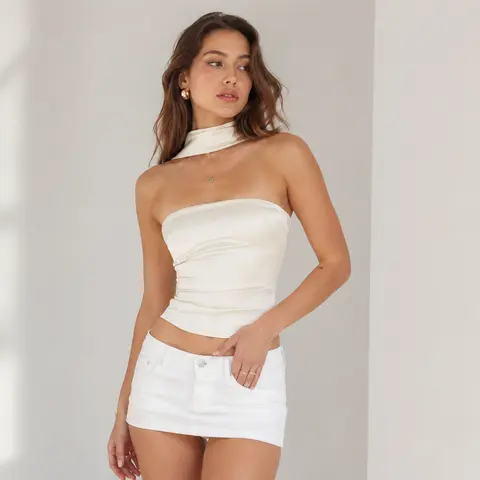 Halter Crop Top Solid Color Backless Tank - Polyester Spandex Sleeveless Halterneck for Women, Summer Streetwear, Casual Party & Beach Aesthetic Grunge Everyday Fashion