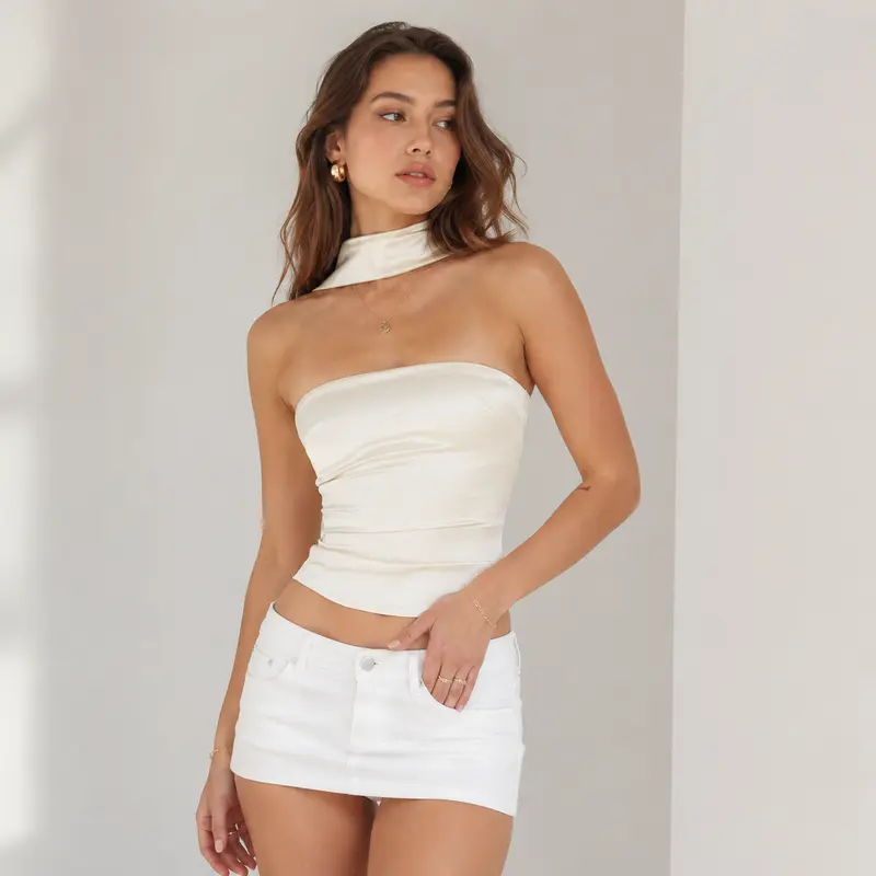 Halter Crop Top Solid Color Backless Tank - Polyester Spandex Sleeveless Halterneck for Women, Summer Streetwear, Casual Party & Beach Aesthetic Grunge Everyday Fashion