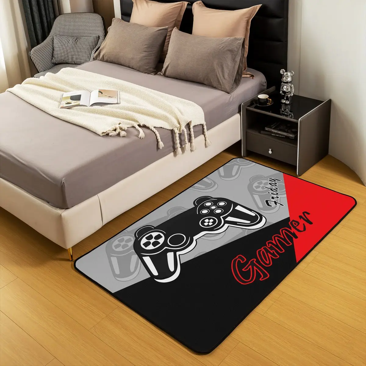 Feelyou Soft Video Game Flannel Home Decor Rug, 4'x5' Non-Slip Indoor Floor Rug with Red-Grey-Black Gamepad Controller Design for Living Room, Soft Rug