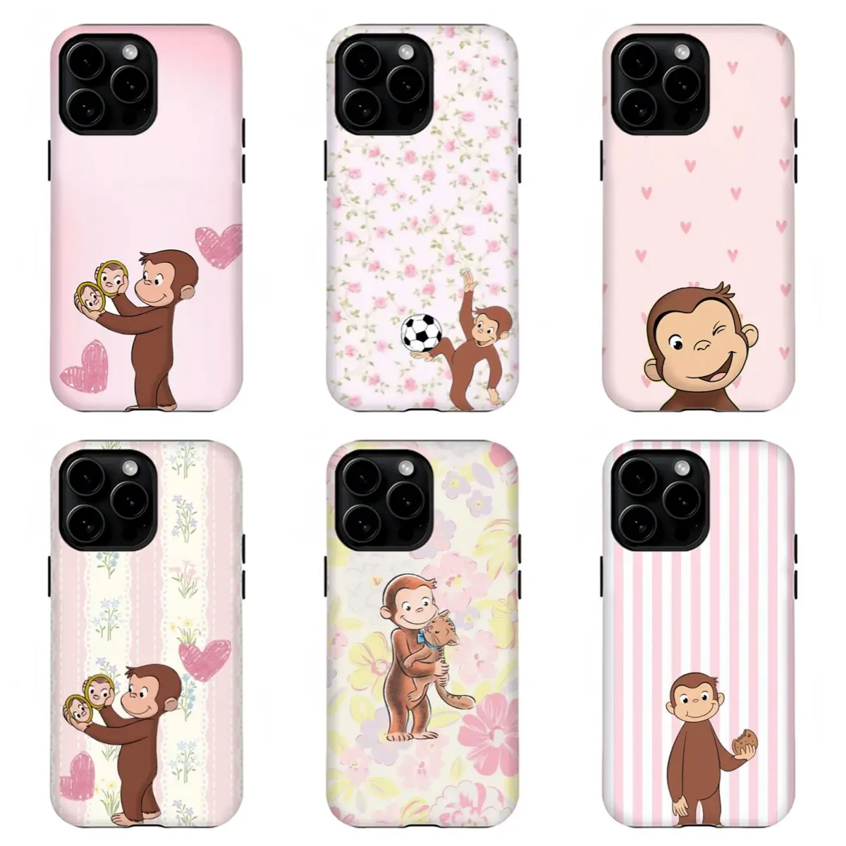 Curious George Pink Floral Phone Case | Cute Cartoon Monkey Phone Cover For iPhone 17 Pro Max 16 15 14 13 12 11 for Samsung S21 S22 S23 S24 S25 Phone Case | Curious George Heart Stripe Case Protective Rubber