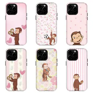 Curious George Pink Floral Phone Case | Cute Cartoon Monkey Phone Cover For iPhone 17 Pro Max 16 15 14 13 12 11 for Samsung S21 S22 S23 S24 S25 Phone Case | Curious George Heart Stripe Case