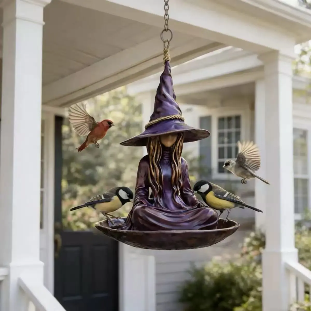 Halloween Hanging Witch Statue Bird Feeder with Purple Headband & Hang Hook, Vintage Farmhouse Zen Outdoor Garden Sculpture Decor, Weather Resistant Wild Bird Feeder for Patio Backyard, Novelty Decor Ornament, Special Gift Present for Bird Enthusiasts