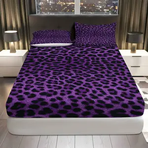 3Pcs Purple Leopard Print Fitted sheet Three Piece Set (1*Fitted Sheet+2*Pillowcases, Coreless), Animal theme, Luxury Soft Bedding Set, Mattress protector Soft, Breathable