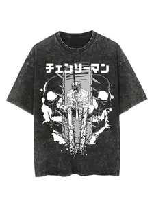 Chainsaw demon Denji retro T-shirt washed round neck print for spring and summer loose fit plus size fashion trend casual sports men and women Y2K