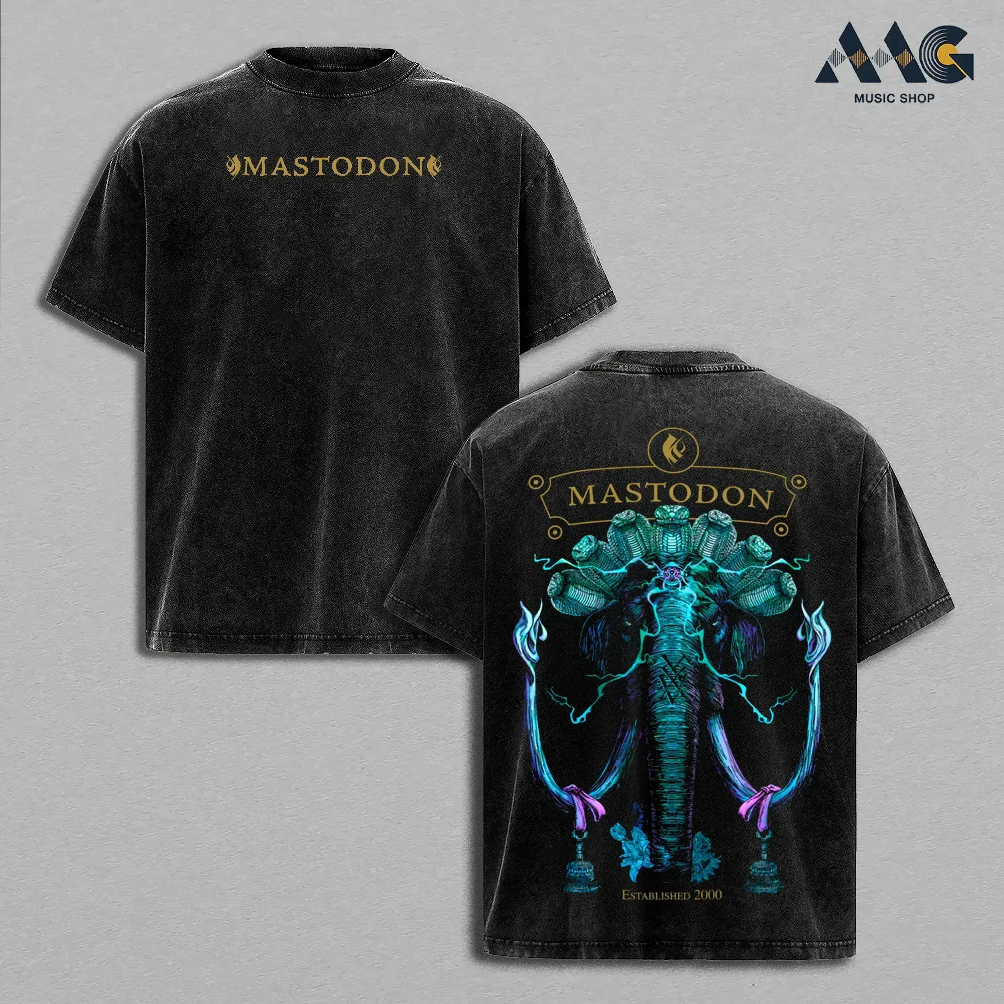 Mastodon Established 2000 Elephant Cobra Streetwear Heavy Cotton Top, Progressive Sludge Metal Band Concert Merch, Oversized Graphic Tee Men, Y2k Casual Fashion Apparel, Vintage Washed Heavyweight Short Sleeve Top, Graphic Tee Unisex Heavyweight