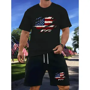 Men'S T - Shirt And Shorts Sets - American Flag Pattern In Brushstroke Style - Trendy Patriotic Apparel, Ideal For Fashion - Conscious Individuals With A Patriotic Spirit. Clothes Fabric Menswear Polyester