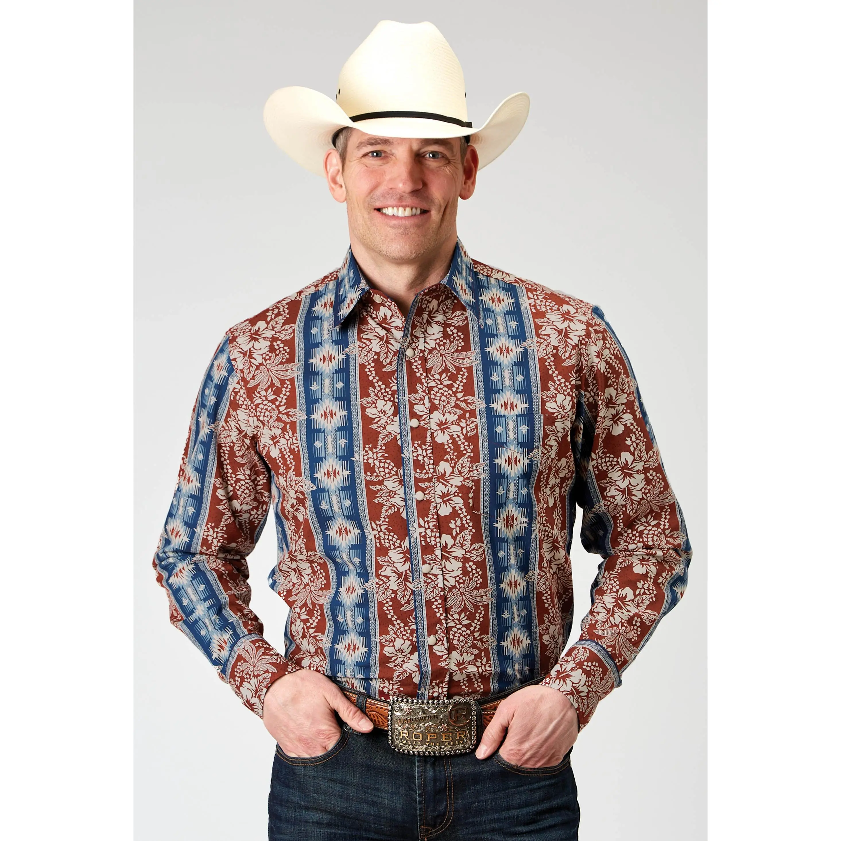 Mens Long Sleeve Button Vertical Tropical Aztec Western Shirt