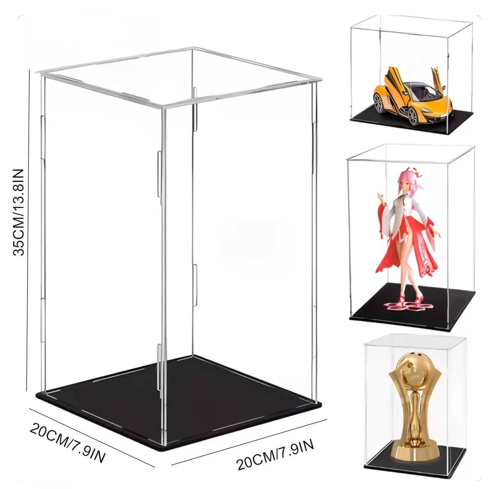 Transparent Acrylic Cube Display Case (8x8x13.7", 20x20x35cm) - Assemble Box with Black Base, Dustproof Storage for Collectible Memorabilia Figurines