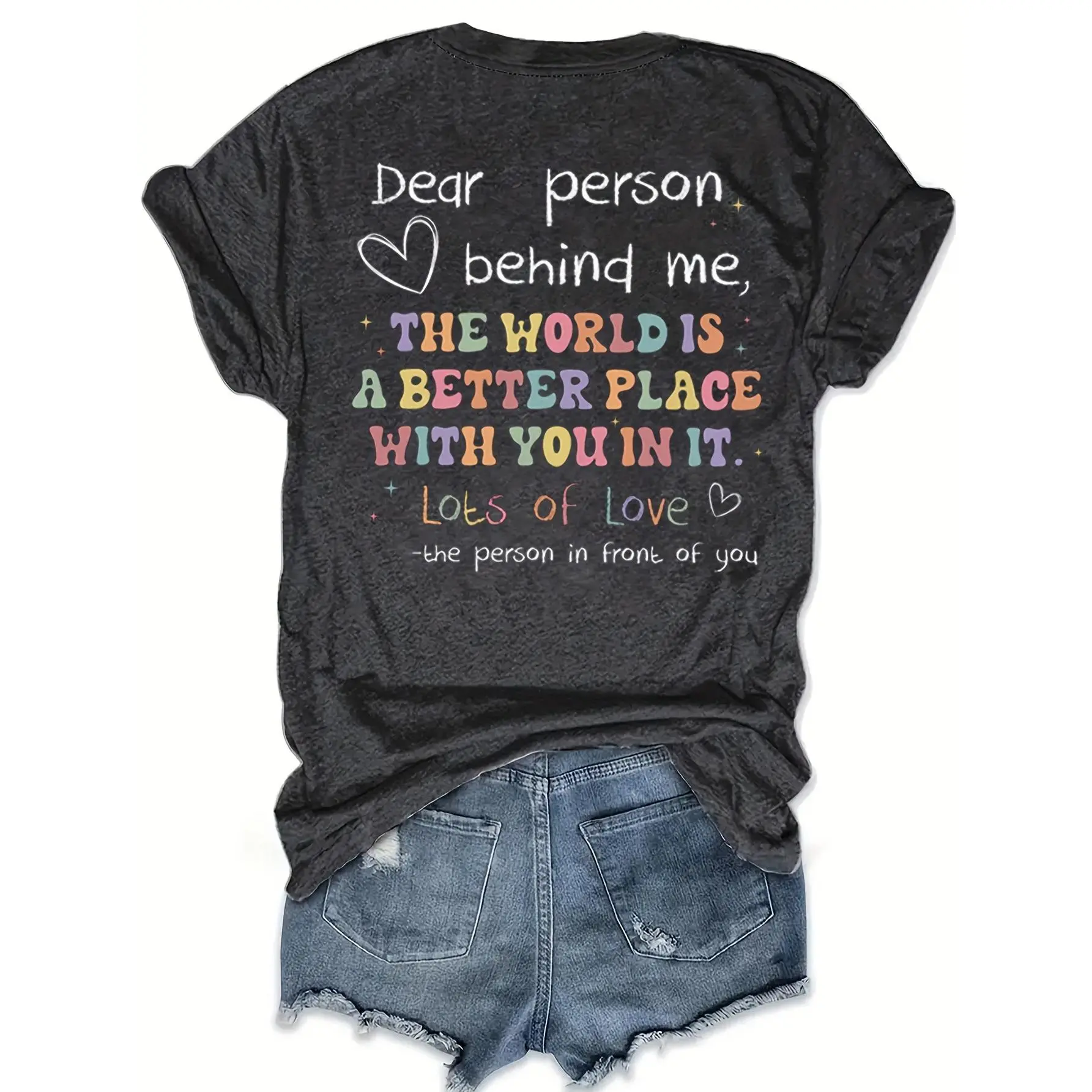 Women's 100% Cotton Casual Short-Sleeve Graphic T-Shirt - European-American Fashion, Front-Back Floral, "Dear Person Behind Me" Inspirational Quote Tee for Daily Wear