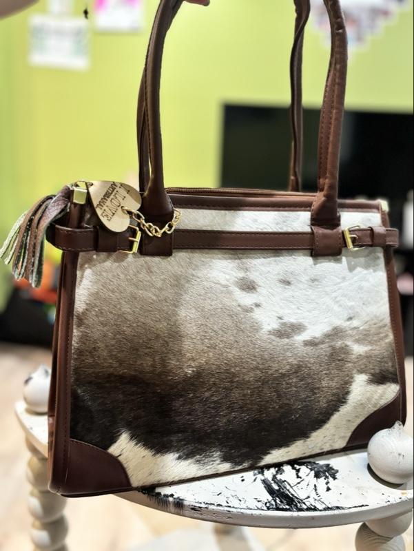 Cowhide Handbag with Heart Charm and Tassel Detailing