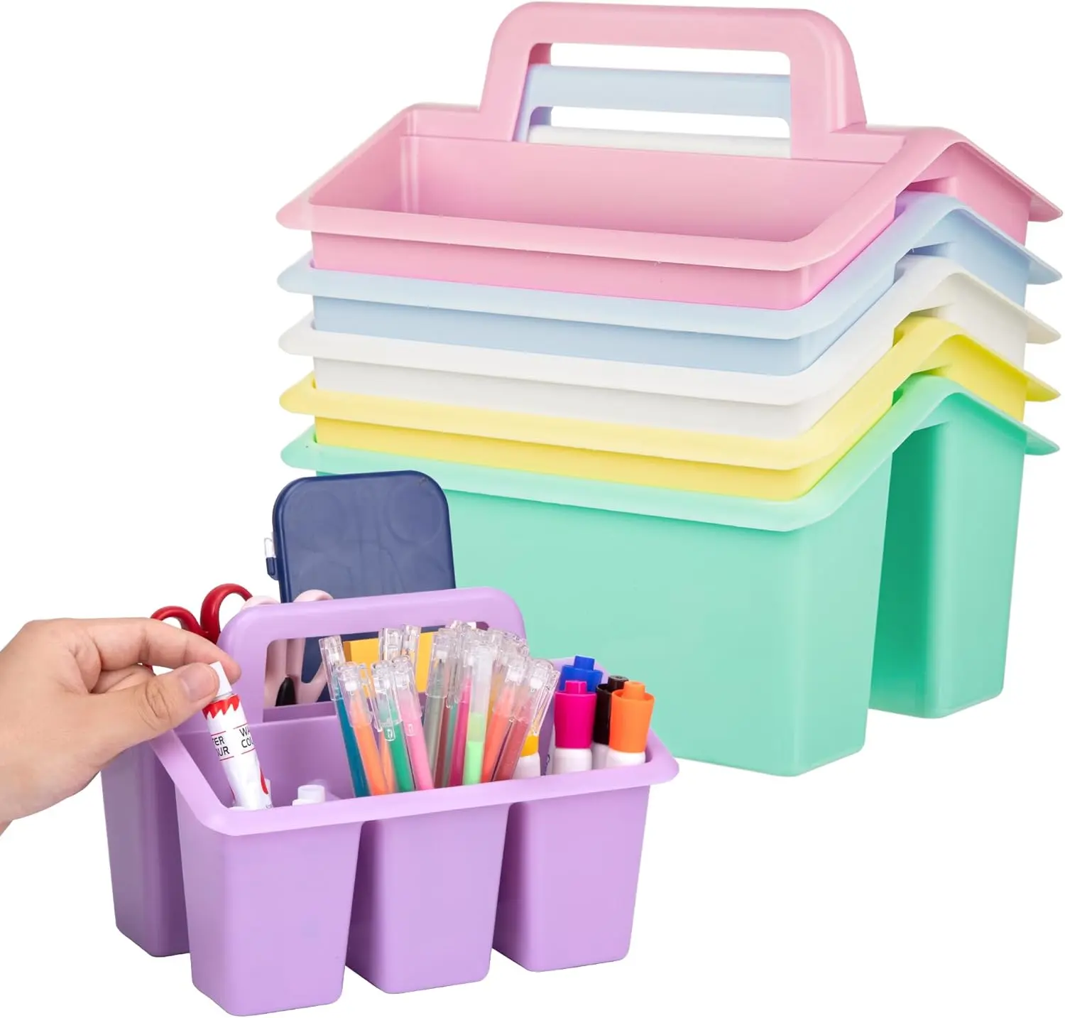 Plastic Caddy With Handle, Portable Classroom Craft Caddy, 6-pack Storage Caddy For Pencil,Pen,Craft Tools (Pastel Color)