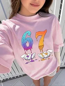 Girls' Fashion Candy Number 67 T-Shirt, Cool Melt Design, Gradient Print, Colorblock, Baseball Hand Element, Casual Comfort, Outdoor Wear, Cartoon Print Tee, Cool Graphic Tee