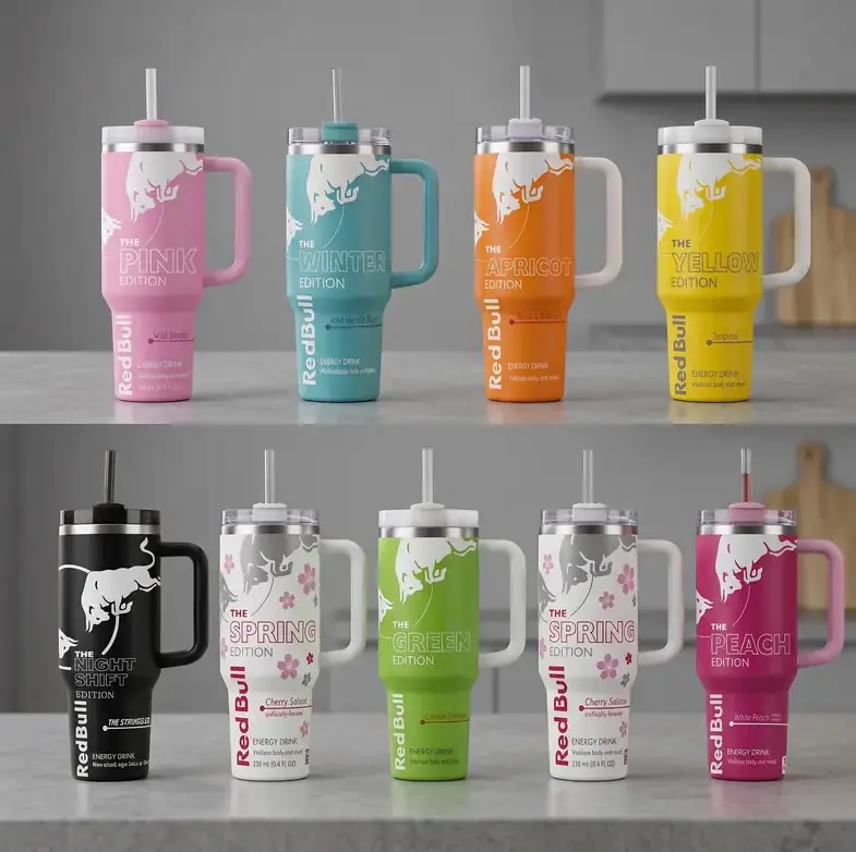 Red Bull Edition 40oz Stainless Steel Tumbler Mug Vacuum Flask with Handle, Straw, Double Wall Vacuum Insulation, UV Print - Beverage Drinkware Flask, Insulated Cups, Ice Coffee Tumbler
