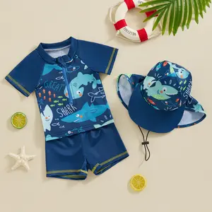 Babamoon Kids Baby Boys Two-piece Rash Guard Swimsuit Short Sleeve Shark Dolphin Print Top with Shorts Hat Summer Swimwear 0-5 Years