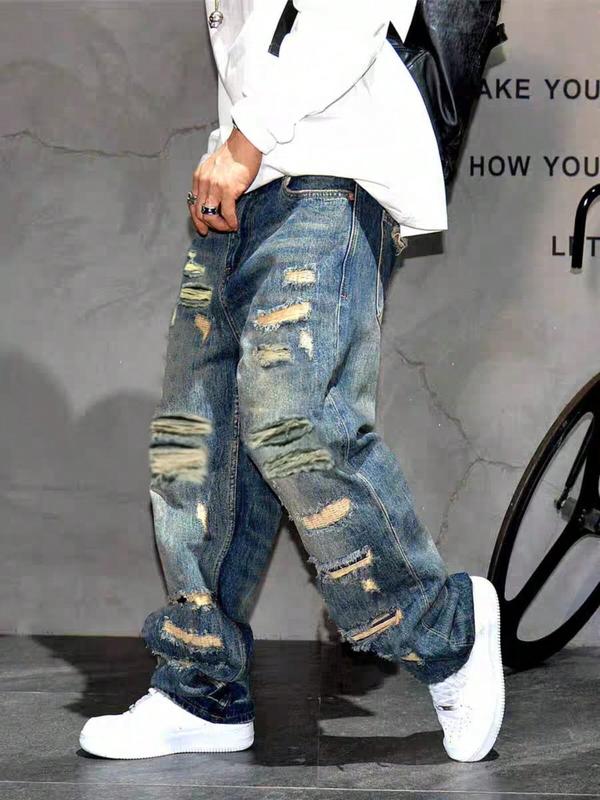 Men's Loose-Fit Denim Jeans, Casual Style Worn Look Ripped Design, Ripped Hole Jeans, All-Season Plain Straight Leg Jeans for Men