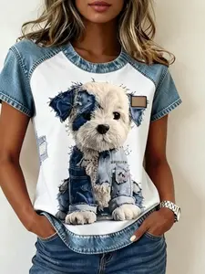 A women's fashionable and gentle casual denim patchwork contrasting short sleeved shirt with loose and slimming design, suitable for summer, home, indoor, and outdoor wear
