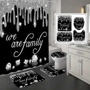 4Pcs Family Glitter Diamond Shower Curtain Sets, Black Famliy Shower Curtain with Toilet Lid Cover and Rugs, Luxury Bling Shiny Shower Curtains for Home Bathroom Set Decor with 12 Hooks, 72 x 72 inch