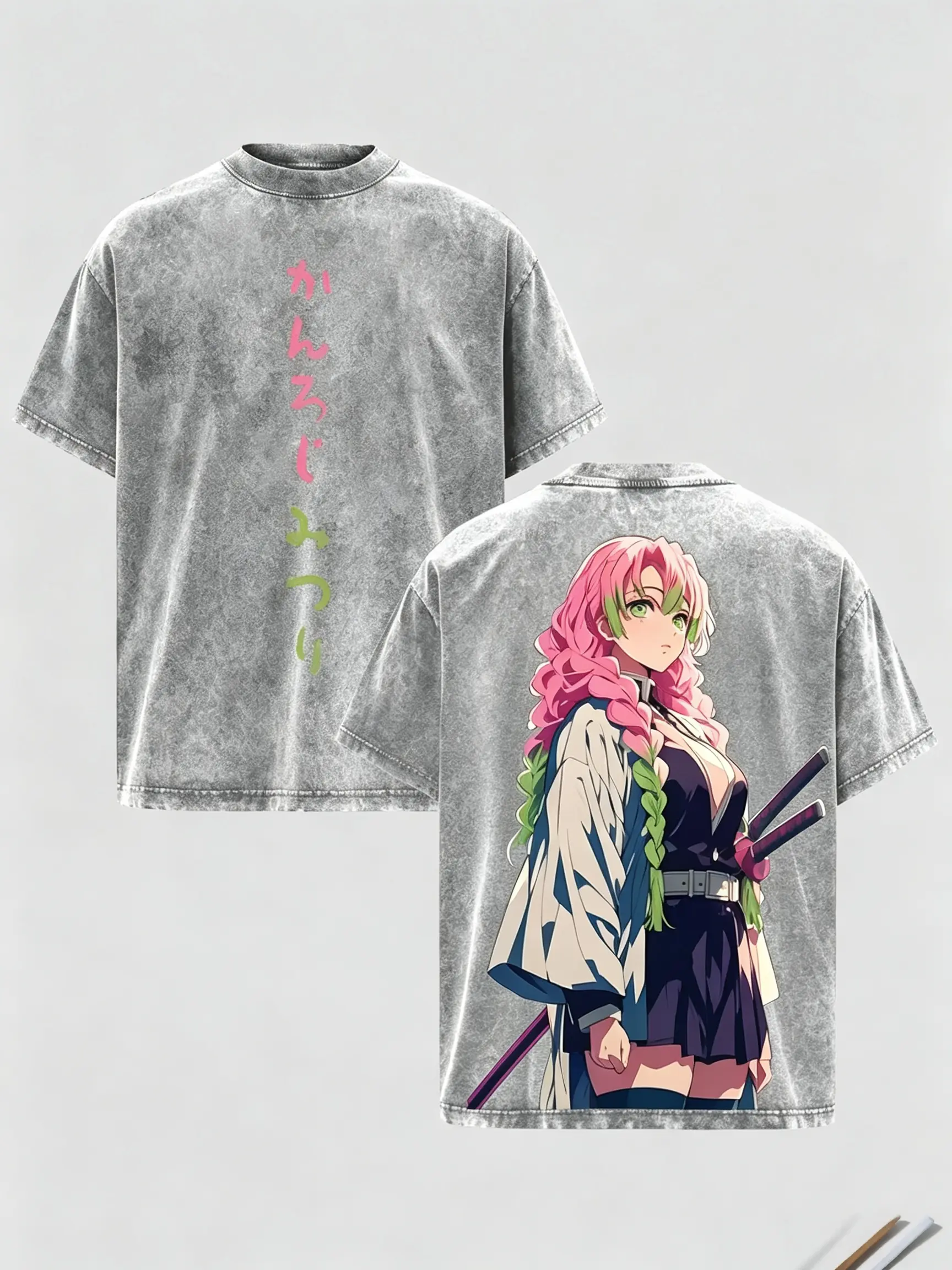 Vintage Acid Wash Kanroji Mitsuri Double Sided Anime Tee Unisex Oversized Y2K Grunge Streetwear Short Sleeve T-Shirt casual slim-fitting top f graphic s day funny meme