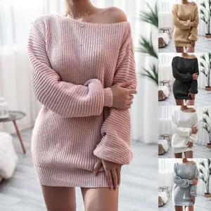 Long Sleeve Off-Shoulder Casual Loose Knitted Sweater Dress for Women Basic Womenswear Can be used with raincoat