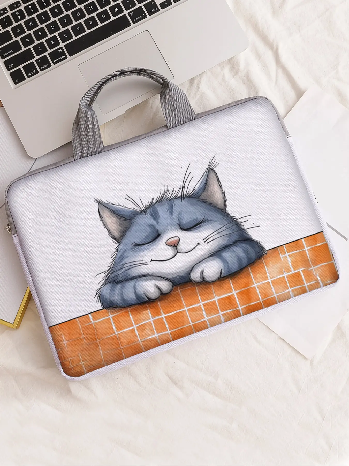 Cat Pattern Notebook Bag, Soft Laptop Sleeve, Tablet Case, Zipper Storage Pouch, Casual Style, All Seasons, Cartoon Design