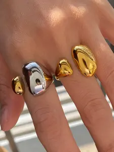 This Lady s Ring Set Features A Ring Color Blocked Asymmetrical Double Petal Adjustable Opening Made Of Stainless Steel 18k Gold Plated Waterproof And Anti Allergy Modern And Simple Trendy Party Jewelry, Elegant Everyday Ring