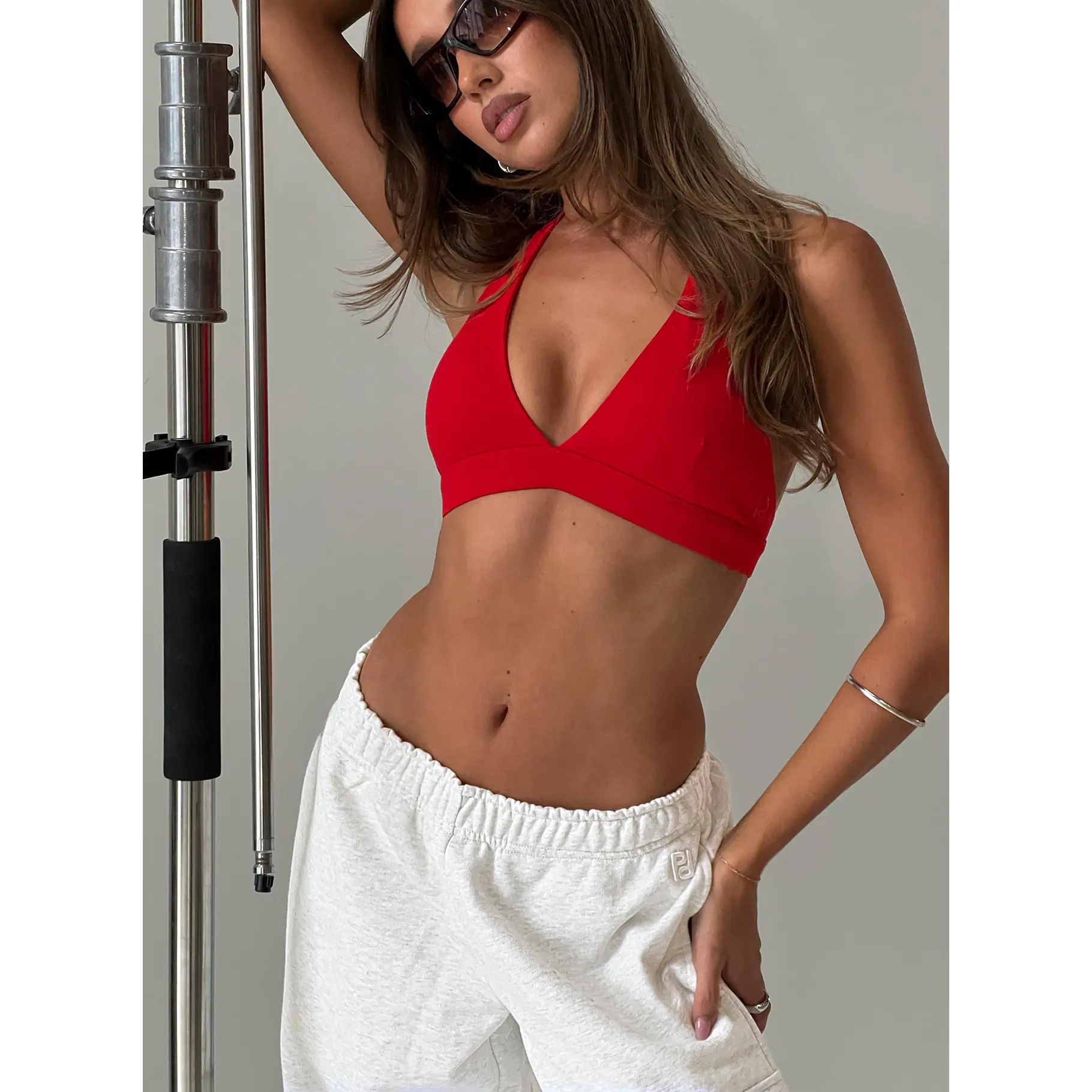 In Motion Active Plunge Halter Crop Top Red