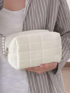 Solid Color Large Capacity Makeup Bag, Portable Cosmetic Storage Bag, Zipper Pouch, Zipper Makeup Organizer, Versatile Storage Bag for Travel, Gym, Office, Home, Quilted Makeup Bag