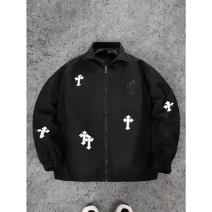 Gothic Cross Print Coach Jacket | Chrome Hearts Inspired Oversized Outerwear