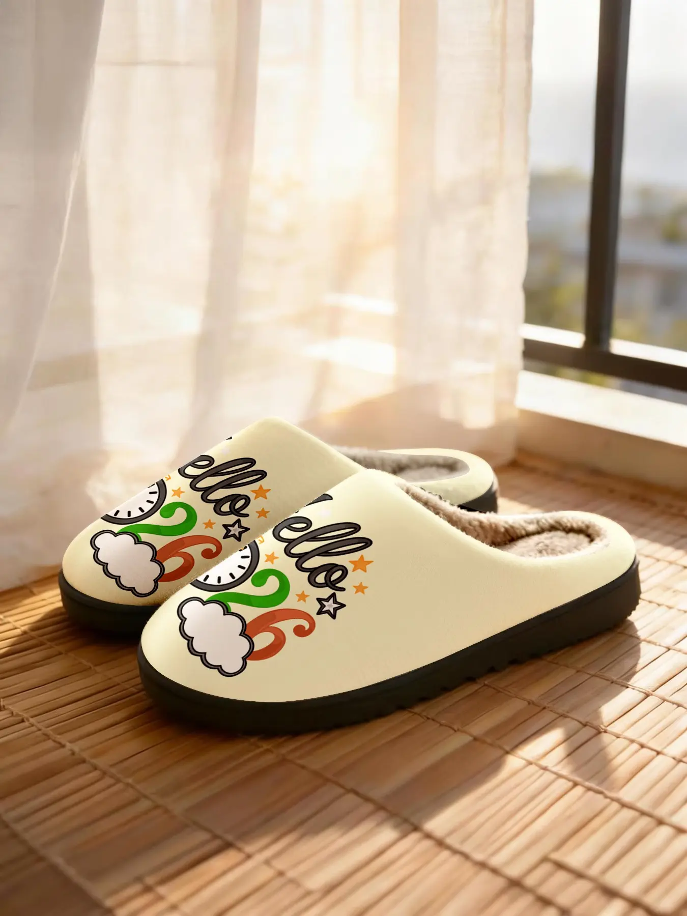 New Year Theme Cotton Slippers, Soft Base with Hello Design, Vintage Clock & Star Elements, Cozy Indoor Footwear
