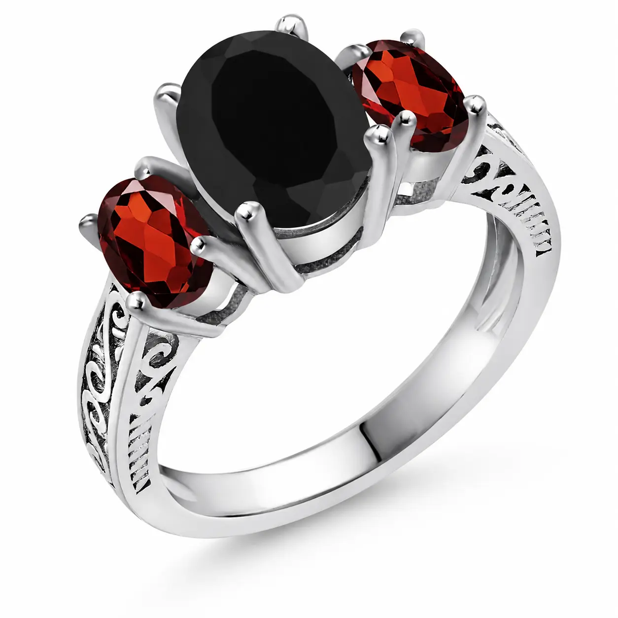 Black Zirconia Ring for Women, Vintage Gothic Witch Style Three Stone Statement Ring, Red Gemstone Accent Crystal Ring, Retro Dark Jewelry Fashion Ring, Unique Gift Jewelry for Women, Daily Wear Party Festival Accessories