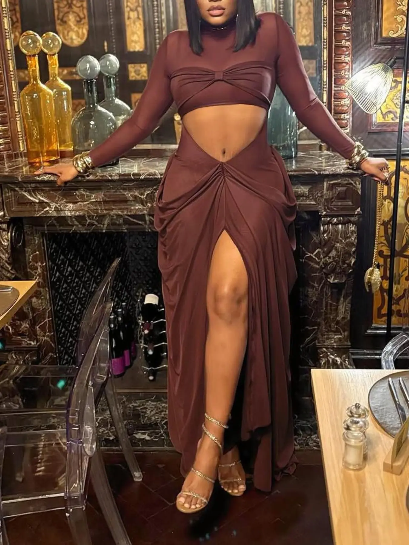 Elegant Fall Women's High Neck Bodycon Dress, Sexy Hollow Out Split Long  Dress, European Style Slim Fit Fashion, Womenswear - TikTok Shop