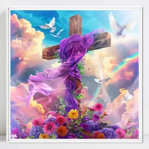 Wooden Cross Diamond Arts Painting Kit Without Frame, Tool Kits Diy White Pigeon Round Diamond Mosaic Colorful Floral Home Decor Gift Diamond Art Tools, Handmade Gifts